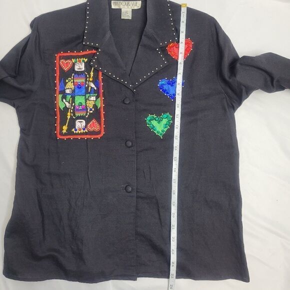 VINTAGE 80s top black embellished beaded king of‎ hearts button up M - Picture 11 of 11